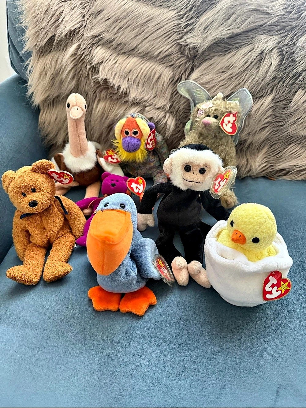 Vintage Ty Beanie Babies Animal Lot - Set of 7 (Pelican, Monkey, Ostrich)